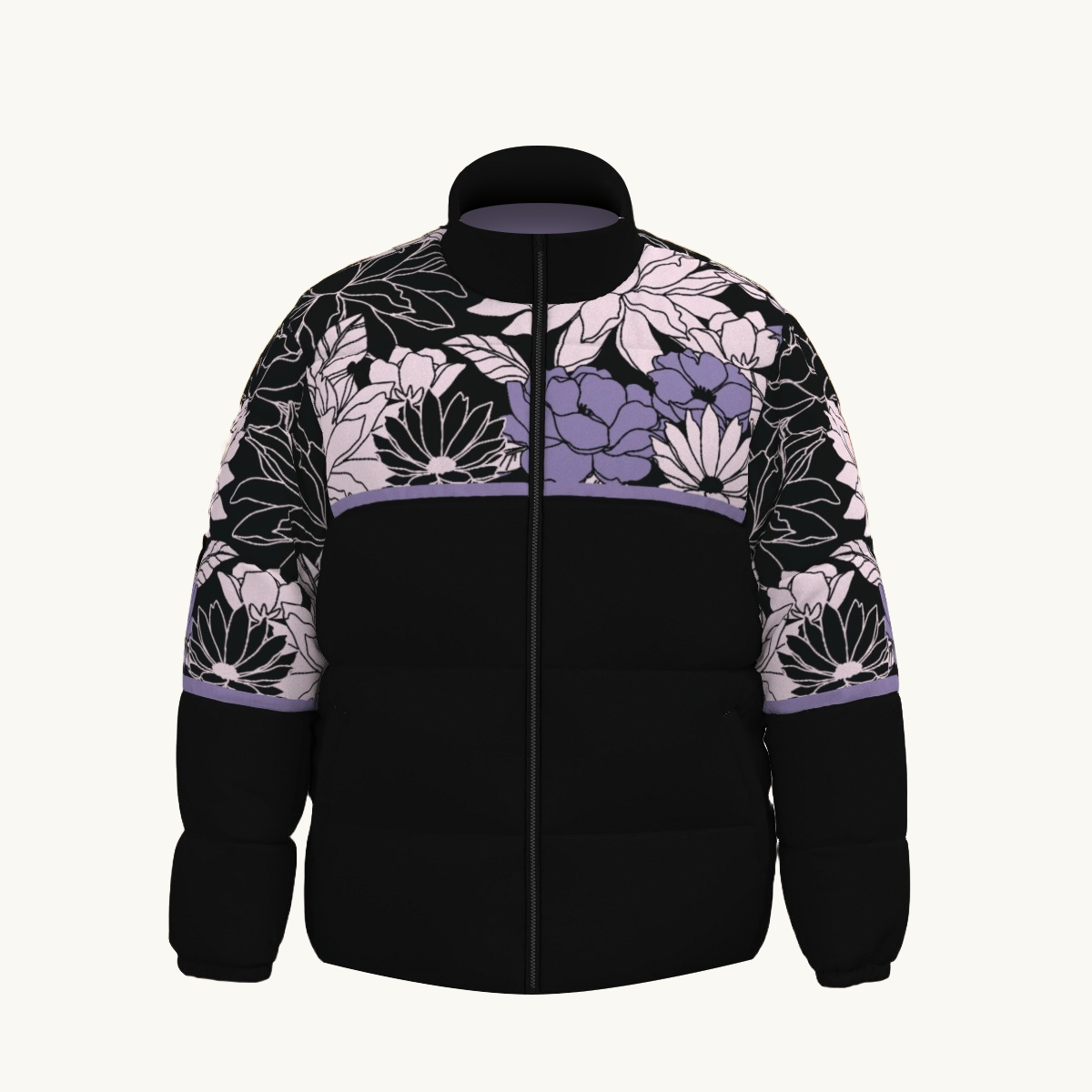 Puffer Jacket Floral Purple Black The Trekkers Trove